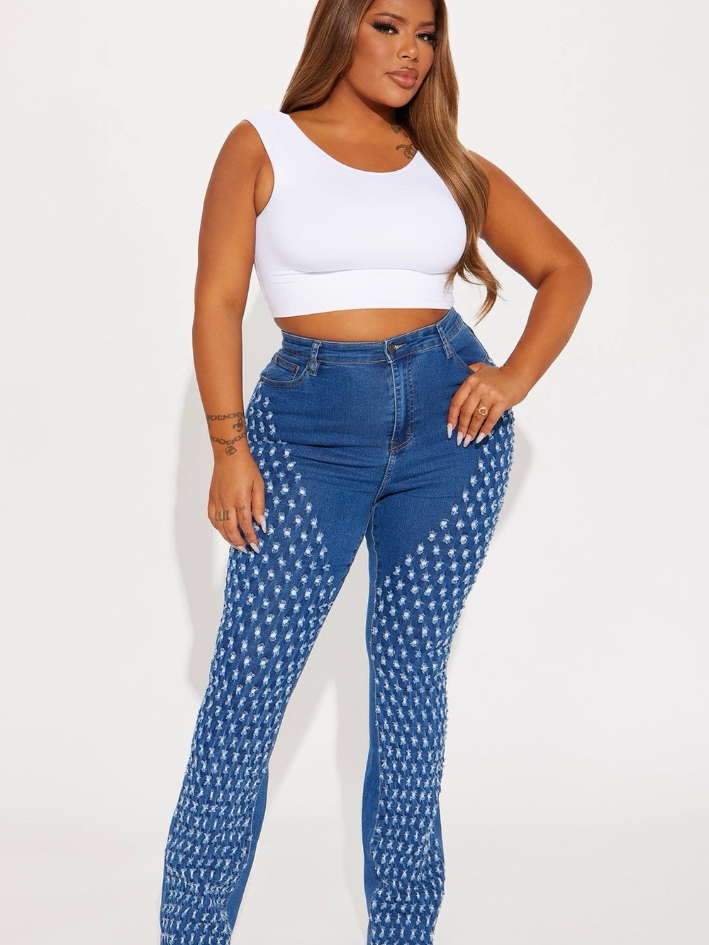 Fashion Nova High-Rise Blue Denim Jeans with White Side Pattern